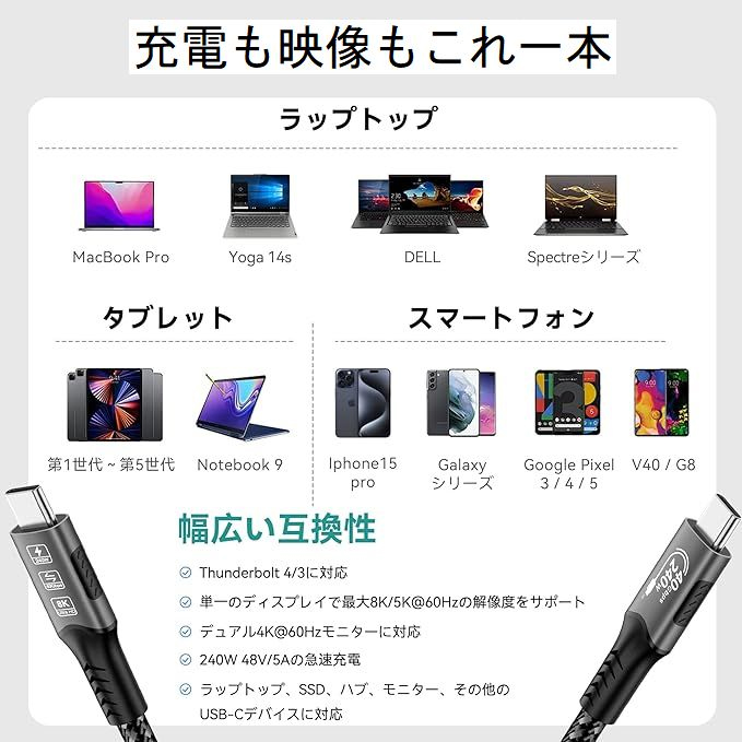  あきばお～ Type-C USBケーブル 高速 USB4.0対応 40Gbps 240W 8K 60Hz 映像主力対応 赤